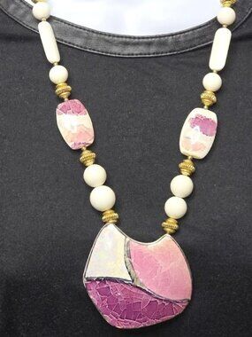Vintage 80s  Crackle Glaze Ceramic Pendant Necklace Statement Pink Cream Japan